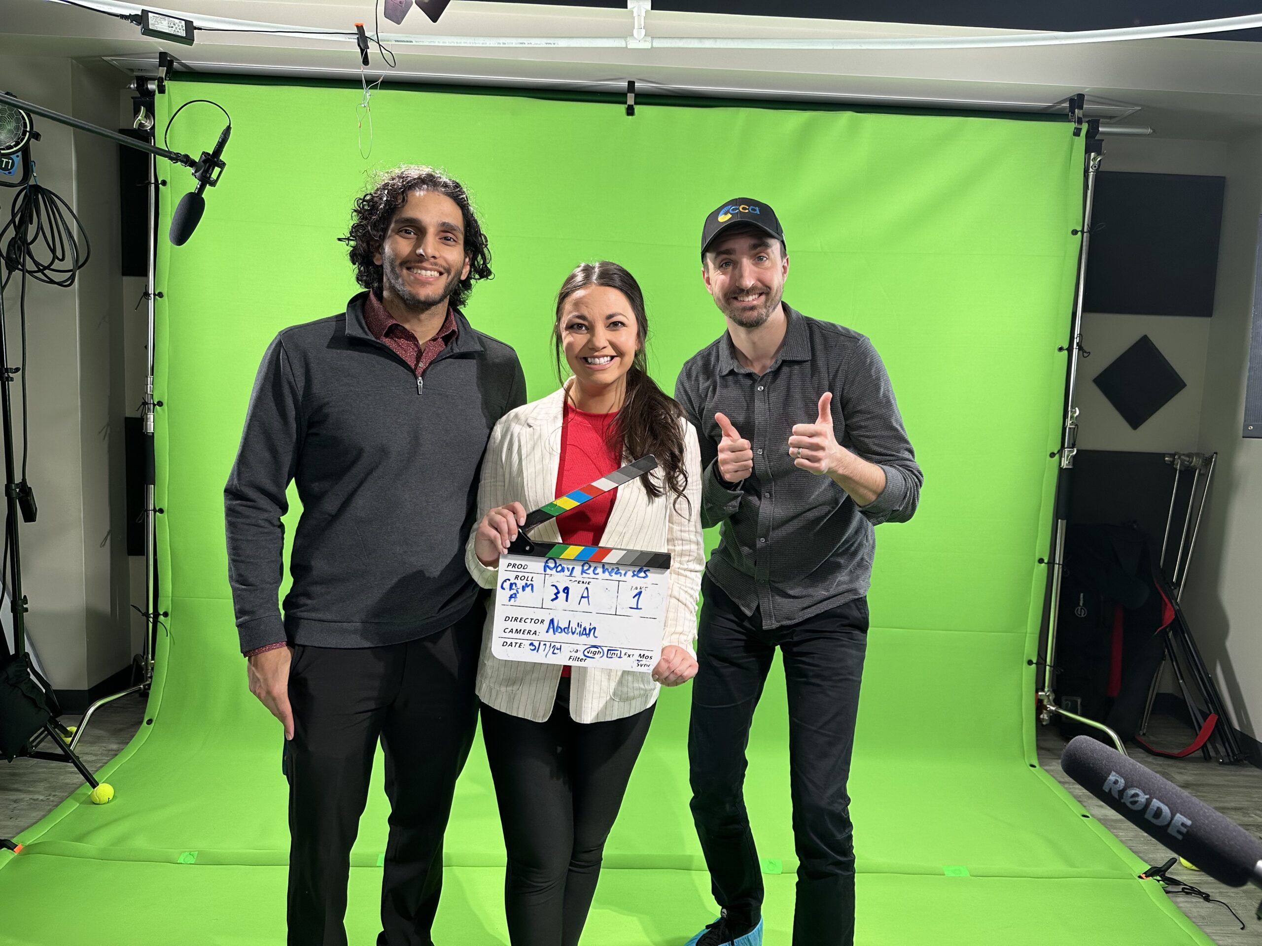 BTS_CCA_92 Abdullah Abu-Mahfouz, Dr. Erin Price-Hamilton, and James Rohrbaugh (CCA) posing infront of a greenscreen